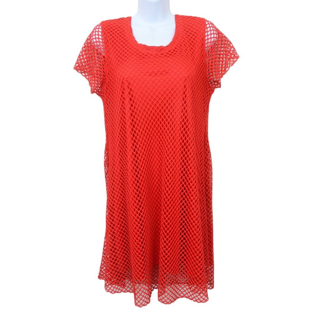 RAIN Red Sheer Netted Short Sleeve Swing Mini Dress Size L Beachy Cover-up Party